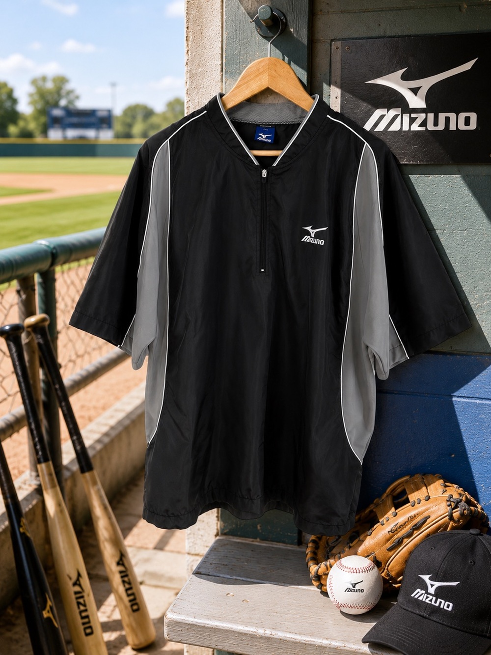 Mizuno Half Zip Pullover Windbreaker Jacket XL Black Gray Athletic Golf